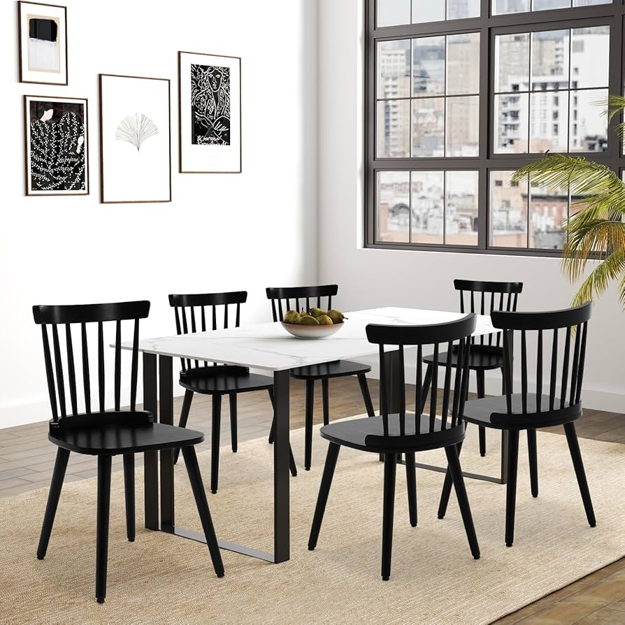 Windsor Chairs Set of 6, Black Farmhouse Spindle Back Dining Chairs with Wood Legs, Solid Wooden ... | Amazon (US)