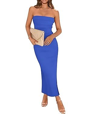 WIHOLL Womens Summer Dresses 2024 Bodycon Maxi Tube Dress Strapless Side Slit Vacation Outfits | Amazon (US)