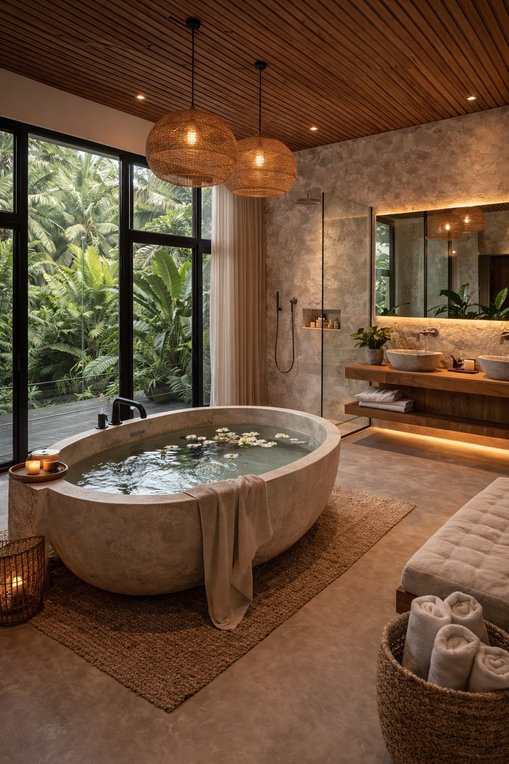 This breathtaking Bali-inspired bathroom features a freestanding stone bathtub, warm wood ceiling, woven pendant lights and floor-to-ceiling windows with lush tropical views. Natural textures, soft lighting and organic materials create a relaxing spa-like retreat that blends modern luxury with tropical serenity. Perfect inspiration for a modern villa bathroom or organic modern interior.

#balistylehome
#luxurybathroom
#modernbathroom
#organicmodern
#spaathome
#moderninteriordesign
#tropicalmodern
#luxuryhomeinspo
#bathroomdesign
#interiordesignideas
#modernvilla
#neutralinterior
#homeinspiration
#bathroominspo
#luxuryinteriors