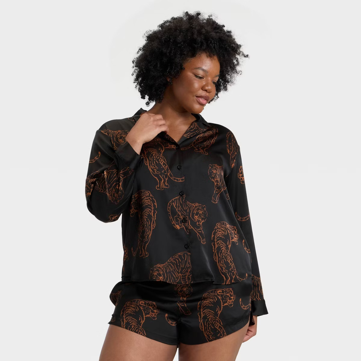 Women's Satin Notch Collar Long Sleeve Shirt and Shorts Pajama Set - Auden™ | Target