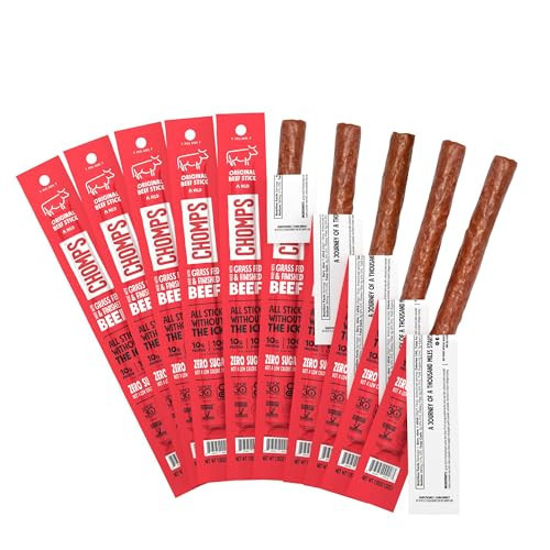 Chomps Grass-Fed and Finished Original Beef Jerky Snack Sticks 10-Pack - Keto, Paleo, Whole30, 10g Lean Meat Protein, Gluten-Free, Zero Sugar Food, Non-GMO | Amazon (US)