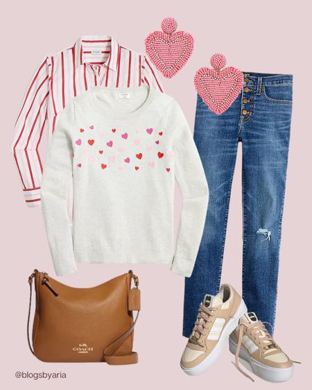 Casual valentines outfit idea 💜 pair this heart sweater over a pink and white striped button down shirt with skinny jeans. Add pink heart earrings, a casual bag and sneakers to complete the look  

#LTKstyletip #LTKshoecrush #LTKSeasonal