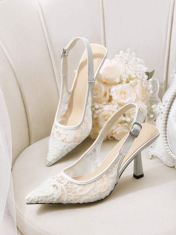 CUCCOO HITCHD Pointed Toe Lace Mesh White Wedding Shoes, Elegant Breathable Women High Heel Slingback Pumps For Christmas Elegant Shoes | SHEIN