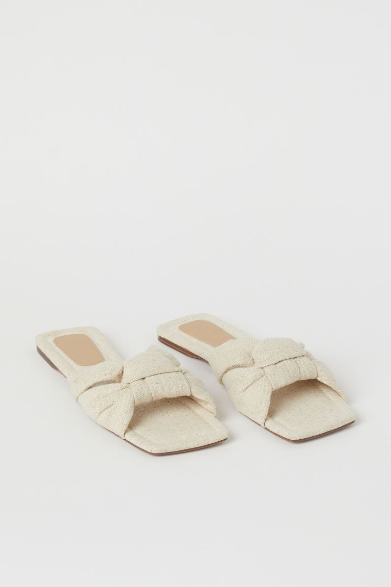 Slip-on sandals in woven fabric with square toes and square heels. Wide foot strap with knot deta... | H&M (US + CA)