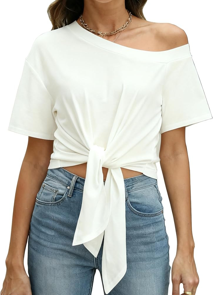 Short Sleeves T Shirts for Women One Shoulder Sexy Summer Tops Front Knot Crop T Shirts | Amazon (US)