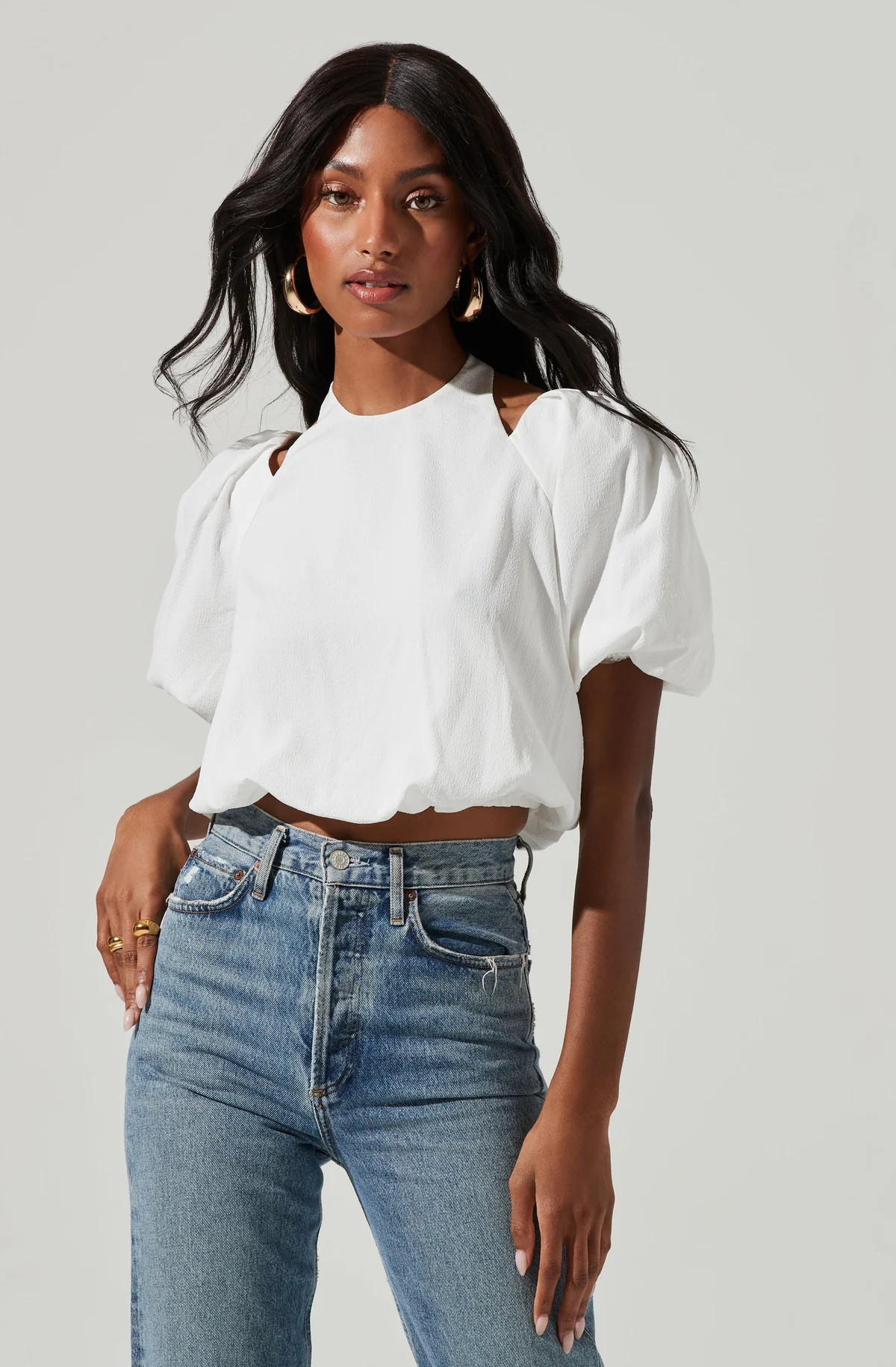 Short Sleeve Shoulder Cutout Tie Neck Top | ASTR The Label (US)