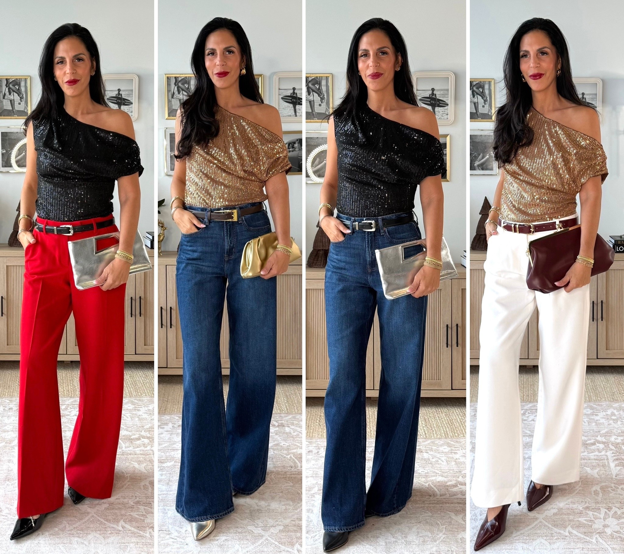 The sequins off the shoulder top is perfect for any holiday event - size small 
Trousers - 4 long 
Denim - 2 long 
#ltktall

#LTKHoliday #LTKOver40 #LTKU