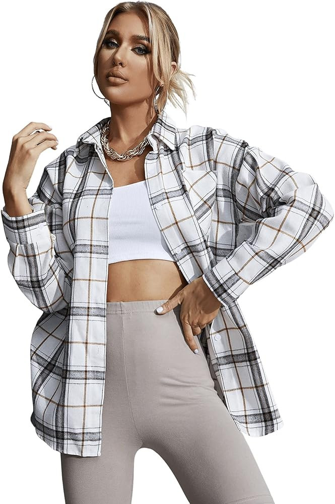 SweatyRocks Women's Long Sleeve Collar Long Button Down Plaid Shirt Blouse Tops | Amazon (US)