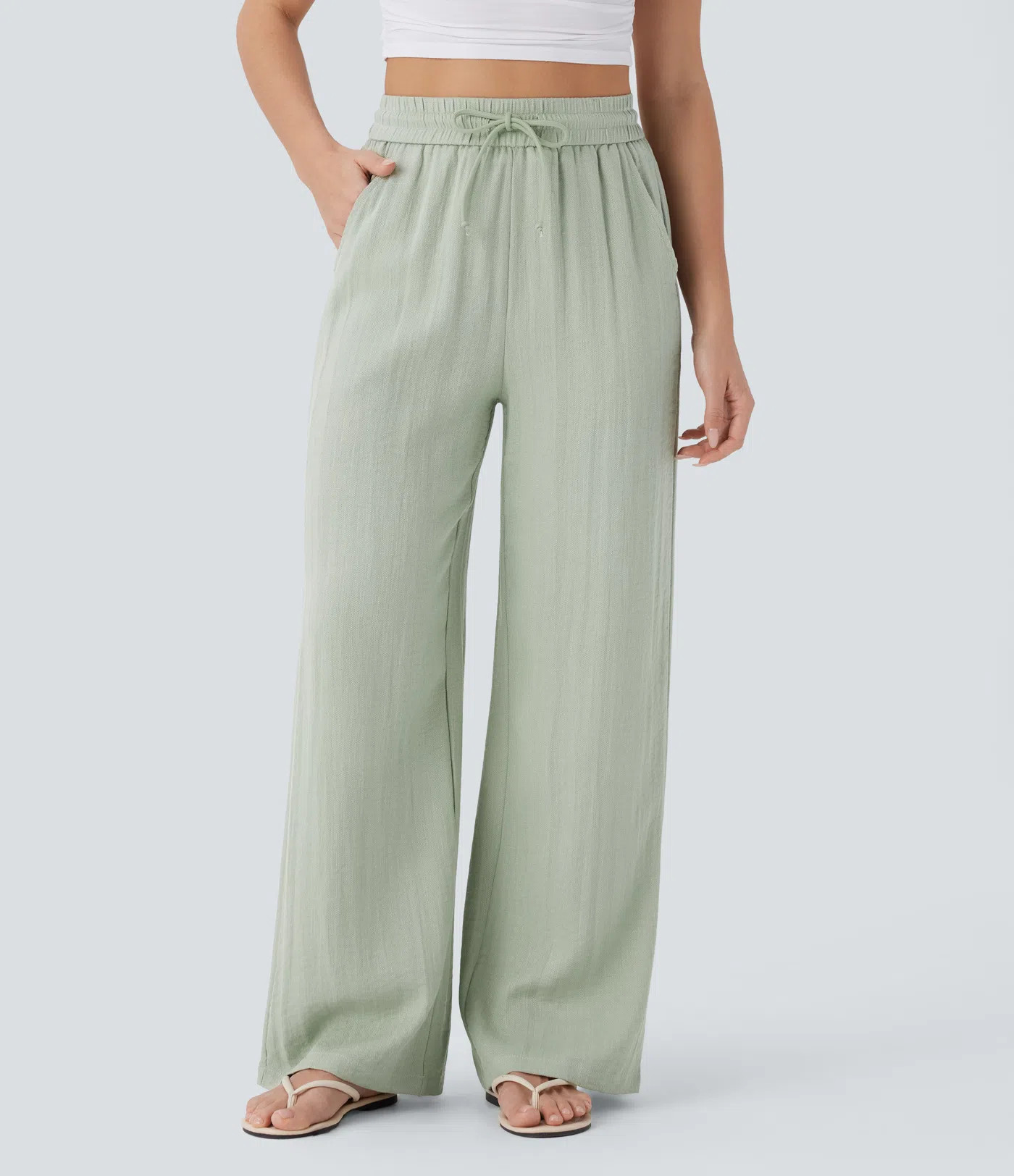 Women’s High Waisted Drawstring Pocket Wide Leg Casual Linen-Feel Pants - Halara | HALARA