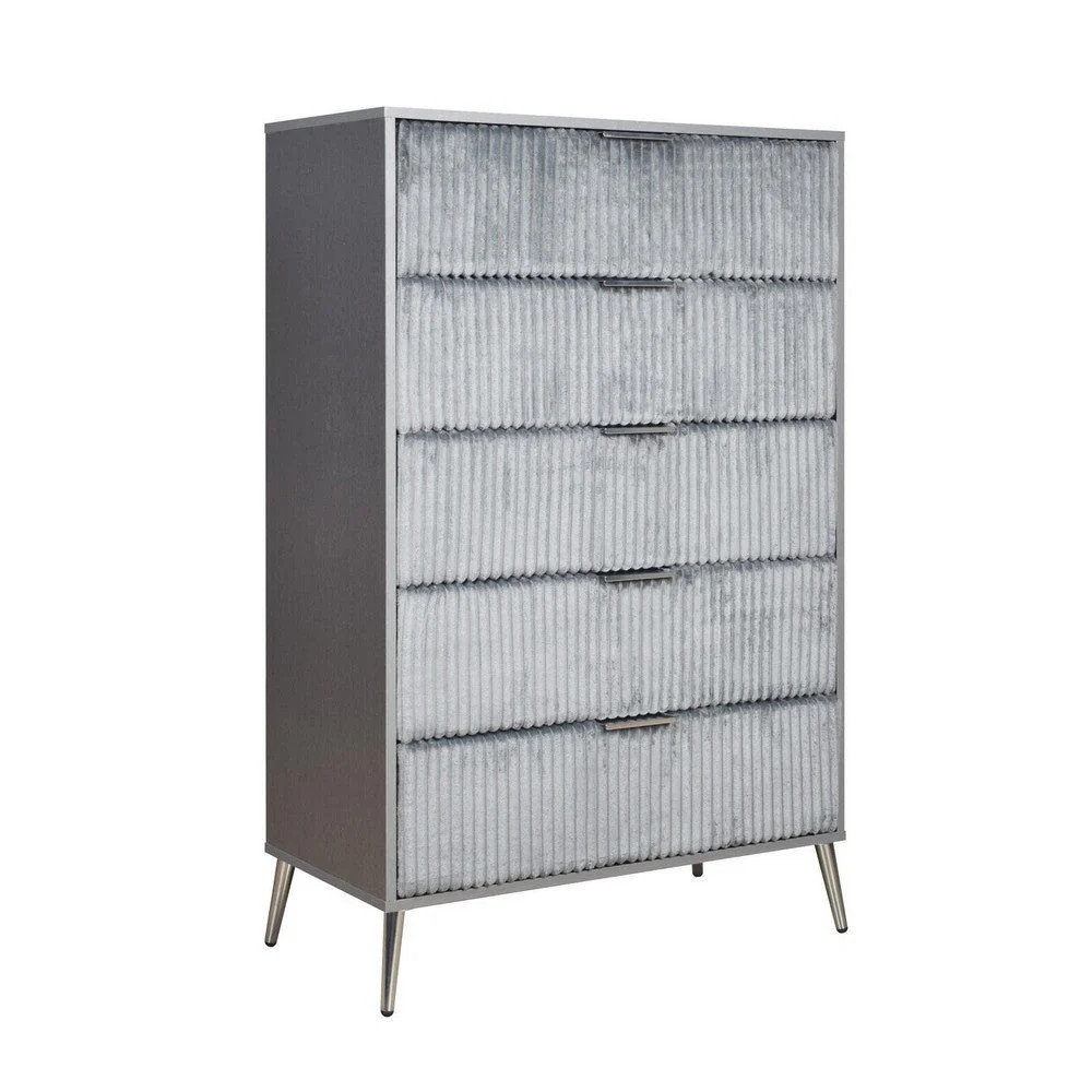 Moko 51 Inch Tall Dresser, 5 Fabirc Upholstered Drawers, Gray, Nickel | Shop Simon