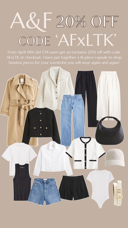 Abercrombie & Fitch sale - discount code for 20% off use 'AFxLTK' valid April 19th-21st 2024.I have put together a timeless capsule wardrobe of my favourite A&F wardrobe staples from the classic trench coat to basic tops and workwear trousers for you to shop below 👇🏼 #abercrombie #capsulewardrobe #wardrobestaples #trenchcoat #workwear

#LTKfindsunder100 #LTKfindsunder50 #LTKstyletip