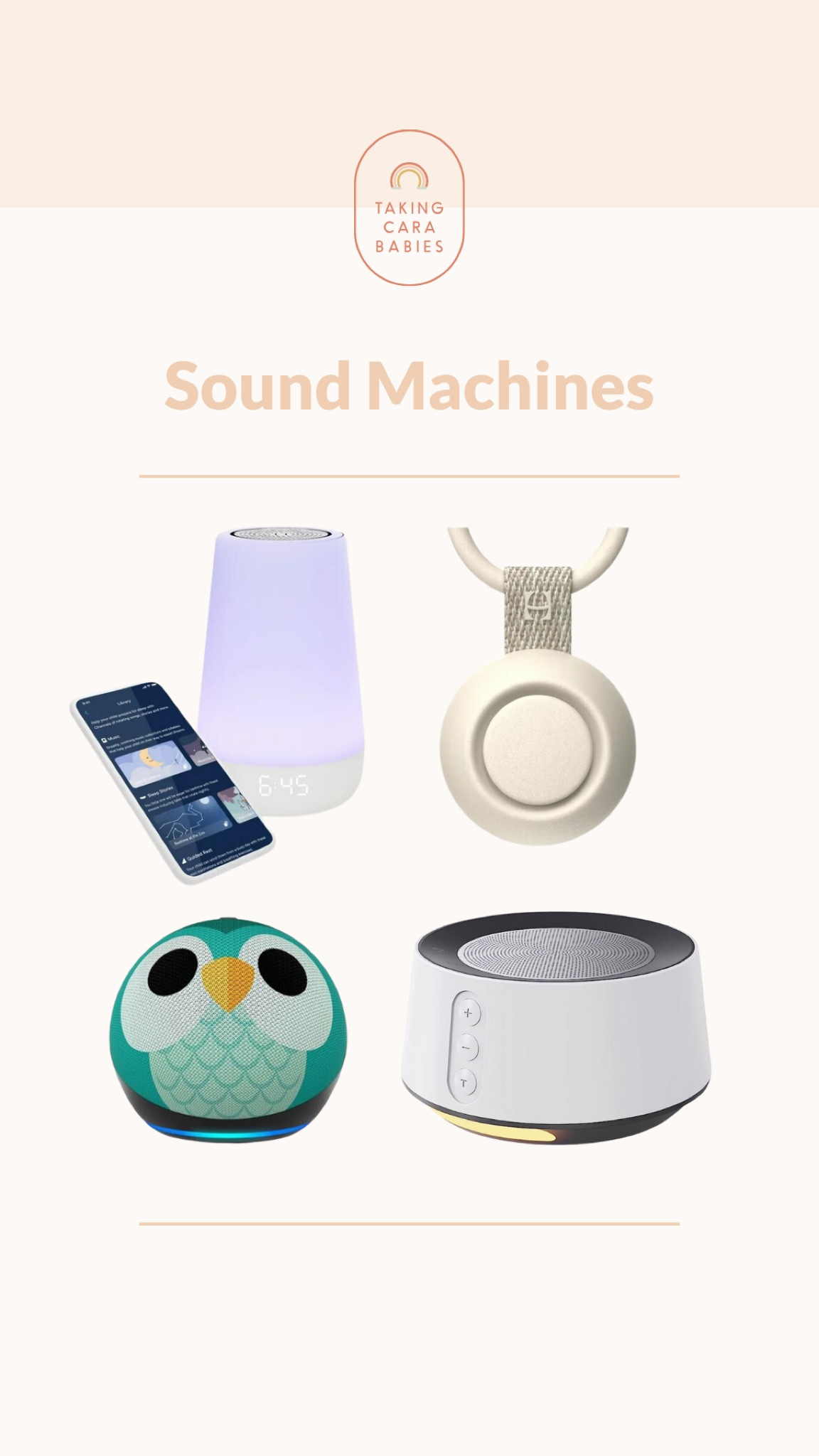 The Hatch Rest is a sound machine with popular extra features. It can be controlled by a phone app, it can function as an ok to wake clock for toddlers too! Some versions even have an audio monitor built in. 
The Bgoverss white noise machine has a variety of noise options, is great for travel, doesn’t require WiFi or bluetooth, and has an optional nightlight. 
The echo dot allows you can simply say “Alexa play brown noise,” and the sound machine is ready to go. Bonus: As your little one grows, you can use this to play music, audiobooks, or even as a timer.

#LTKbump #LTKfindsunder50 #LTKbaby