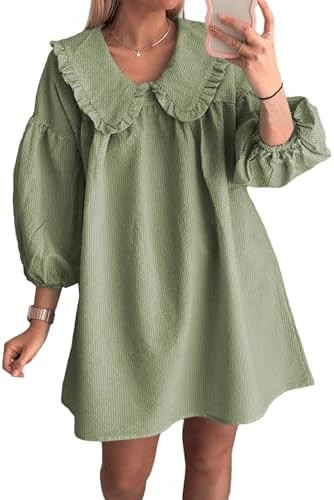 2026 Women's Babydoll 3/4 Puff Sleeve Plaid Mini Dress Lapel Doll Collar Loose Y2k Dress | Amazon (US)
