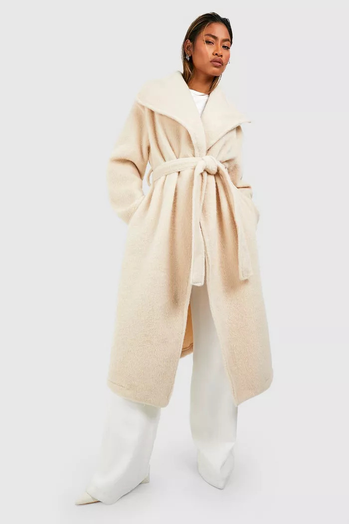 Textured Shawl Collar Belted Maxi Wool Look Coat | boohoo (US & Canada)
