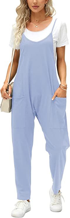 Fisoew Women's Summer Sleeveless Loose Casual V Neck Jumpsuits Spaghetti Strap Long Pants Baggy O... | Amazon (US)