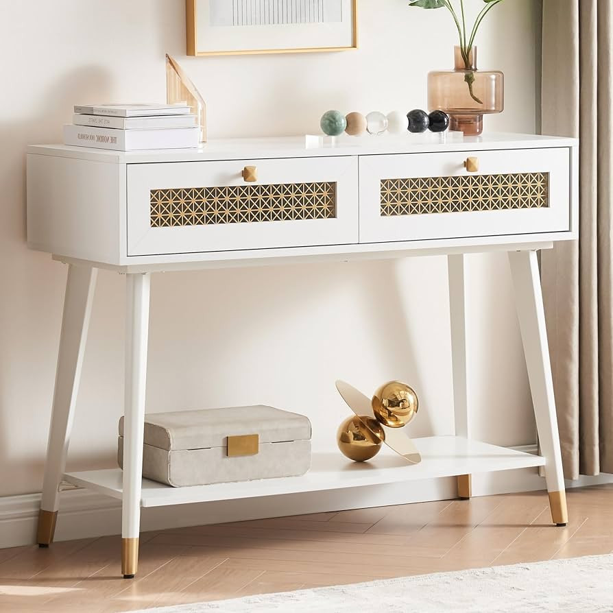 JYED White Mid Century Modern Console Table, Narrow Wood Entryway Table with 2 Storage Drawers an... | Amazon (US)