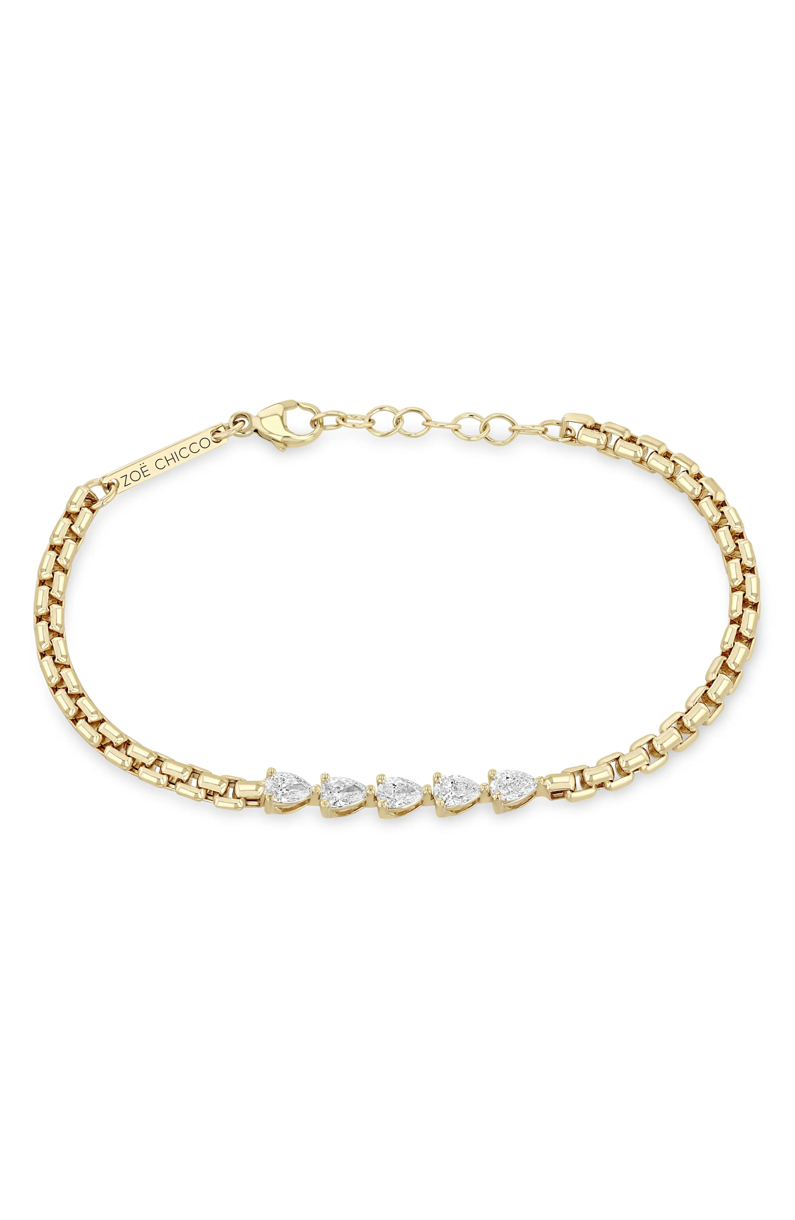 Zoë Chicco Diamond Pear Box Chain Bracelet in 14K Yellow Gold at Nordstrom, Size 7 | Nordstrom