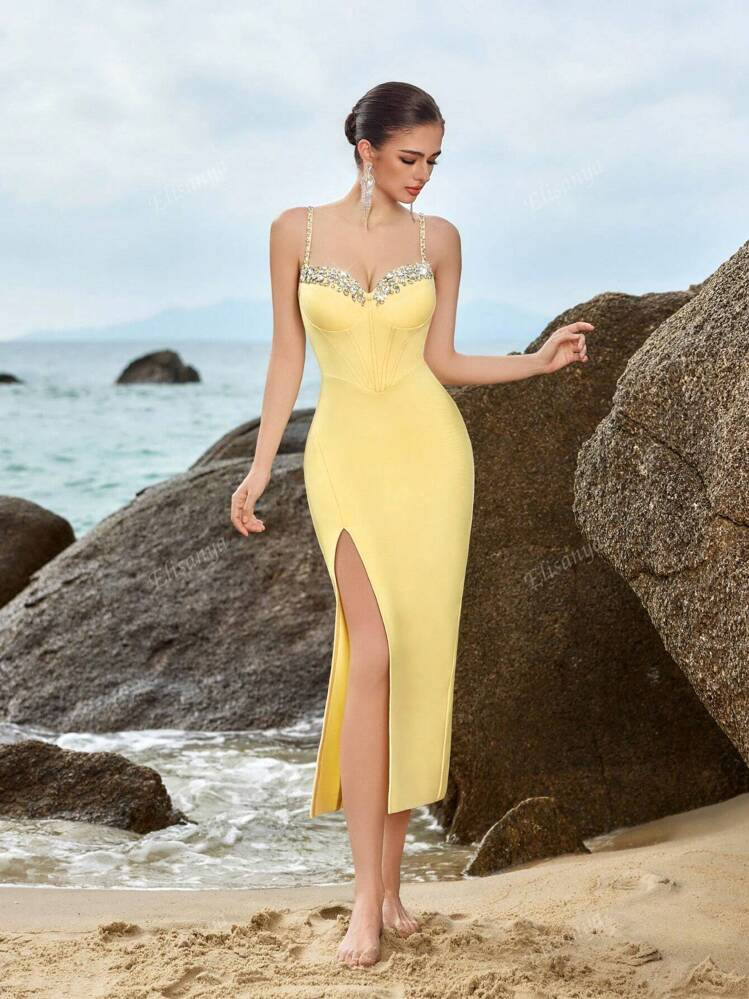 Elisanya ADYCE Women's Handcrafted Rhinestone Decoration Spaghetti Strap High Waist Backless Slit Bandage Dress, Party Dress, Wedding Guest Dress,Butter Yellow | SHEIN