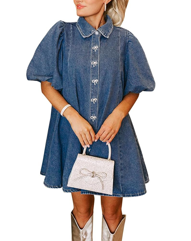 LifeShe Women's Blue Denim Babydoll Mini Dress with Puff Sleeves, Lapel Collar & Diamond Bow Deco... | Amazon (US)