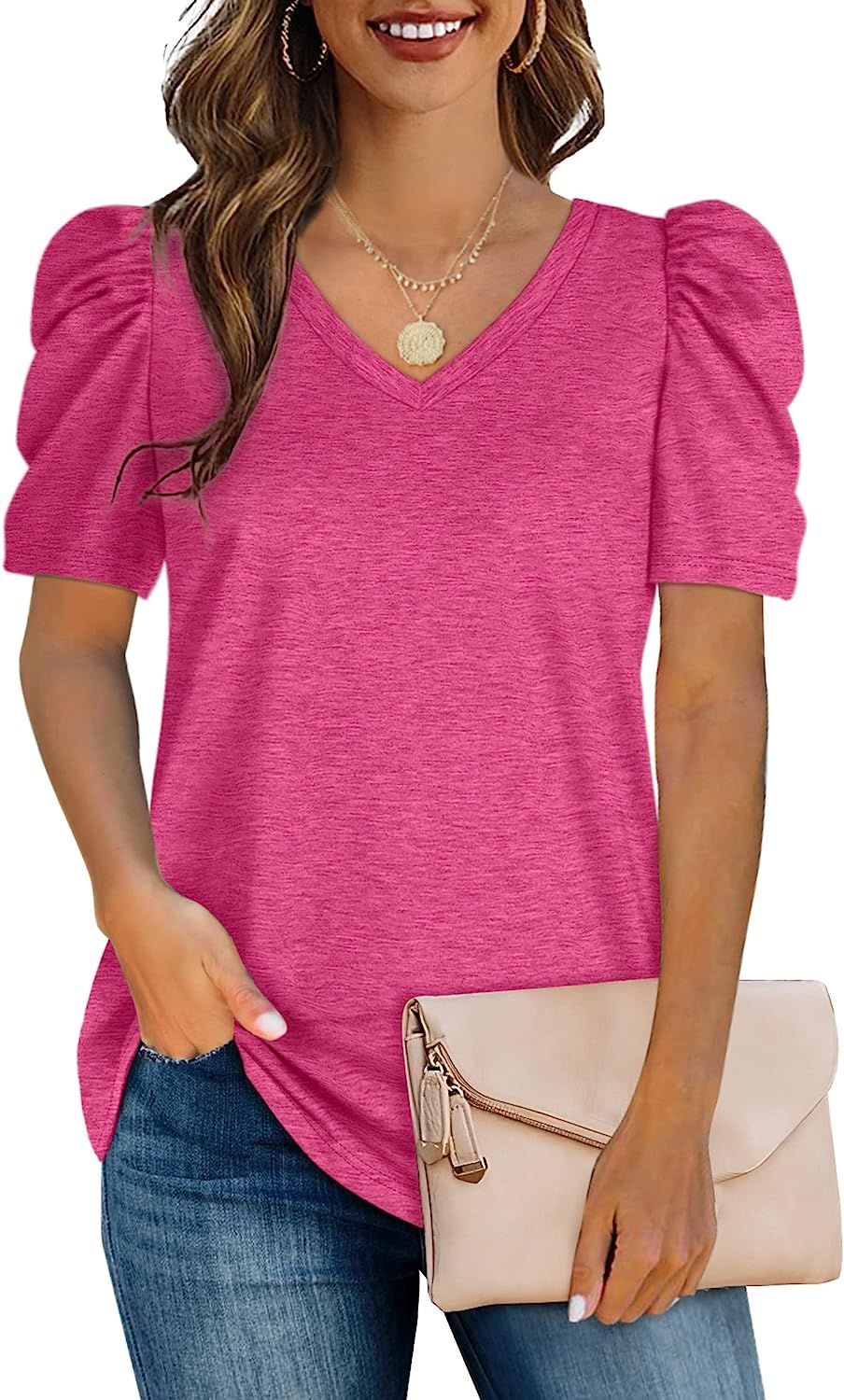 OFEEFAN Womens Tunic Tops Puff Sleeve Crew Neck Long Sleeve Shirts Solid Color | Amazon (US)