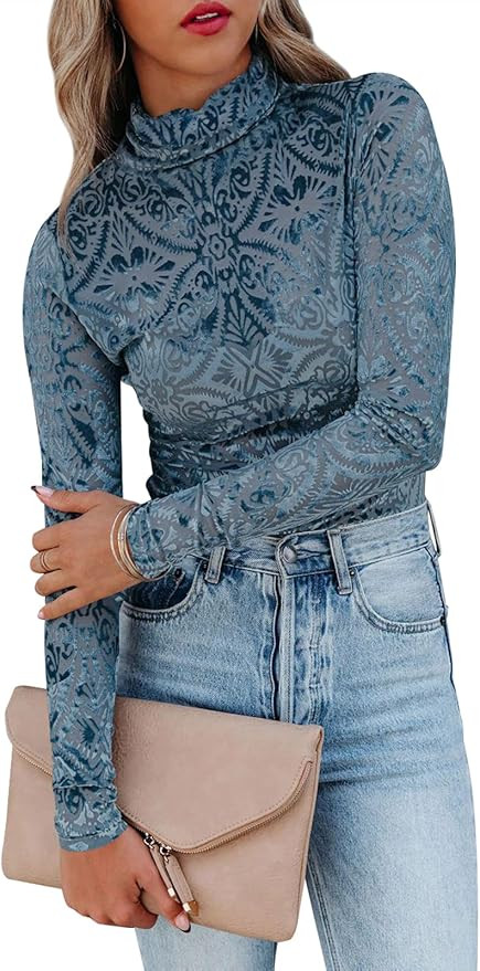 miduo Womens Slim Fit Velvet Burnout Top Cowl Neck Long Sleeve See Through Shirt Blouses Tops | Amazon (US)