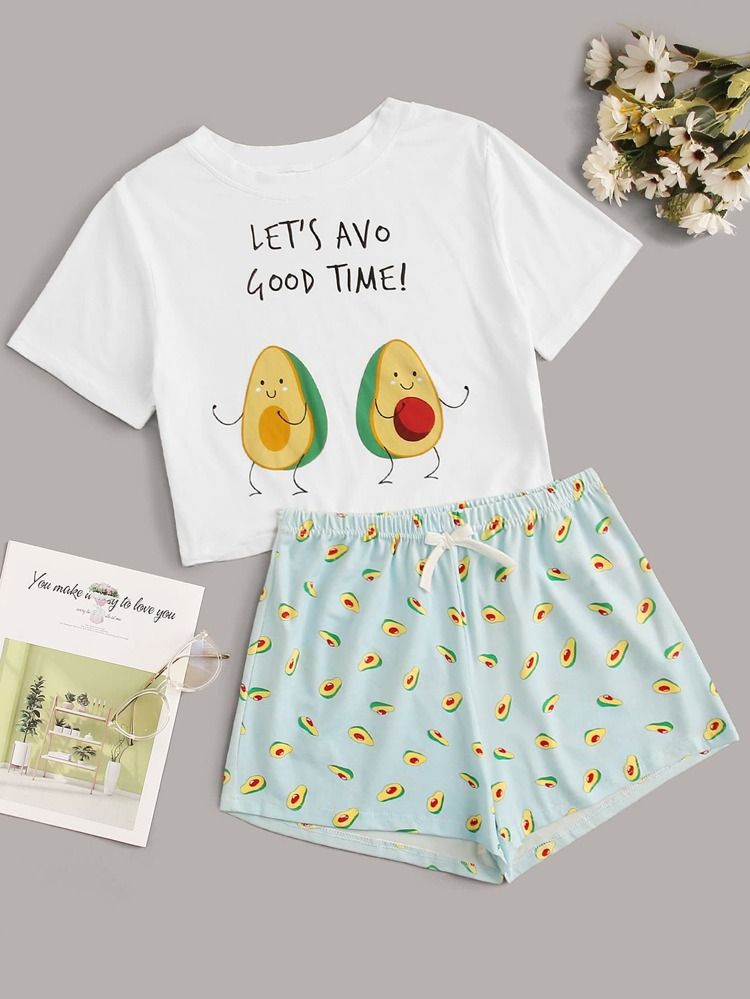 Letter & Avocado Print PJ Set | SHEIN