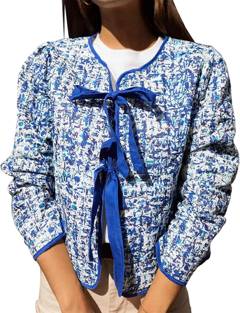 Yousify Womens Cropped Puffer Jackets Floral Print Tie Open Front Lightweight Quilted Jacket Wint... | Amazon (US)