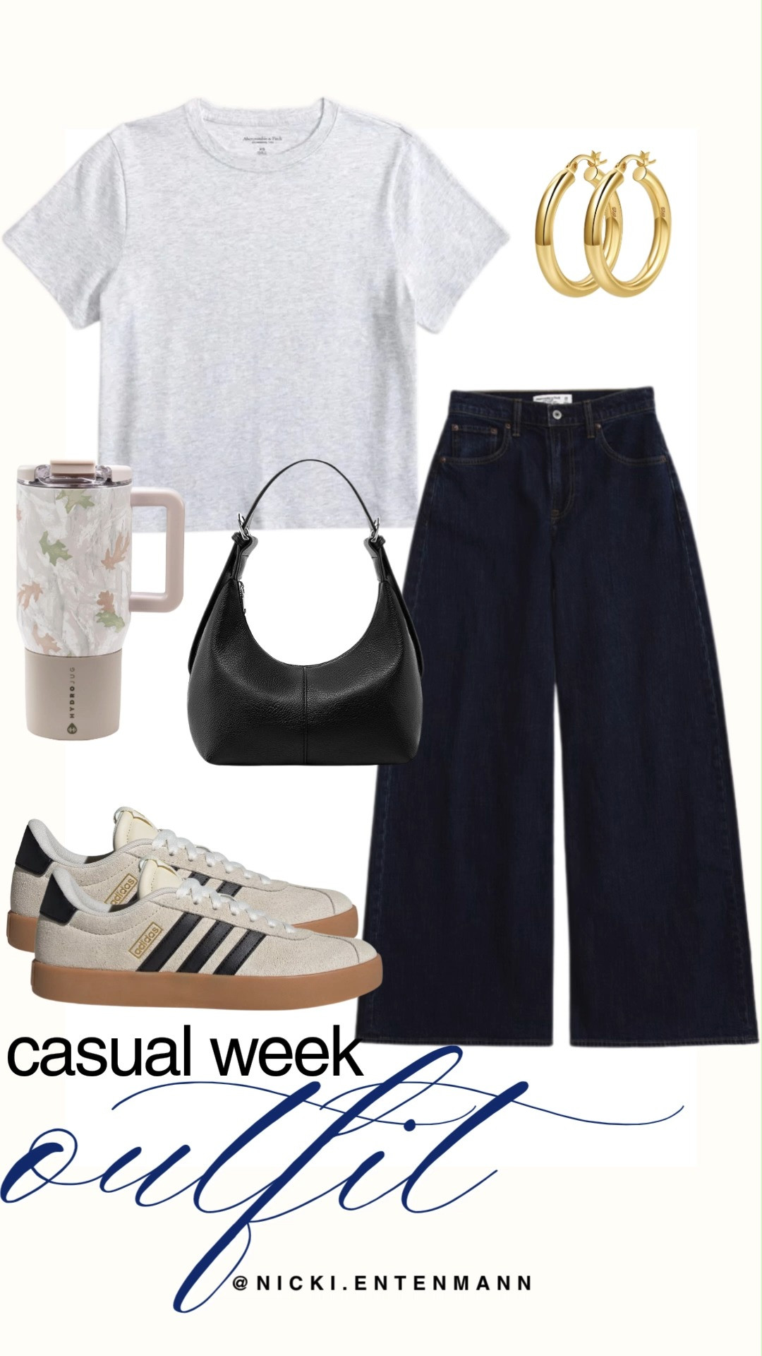 Stay effortlessly stylish on your days off with this ultra comfortable casual outfit formula. Pair some trendy dark wash wide leg jeans with a classic heather grey crewneck tee for the perfect foundational look. Complete the outfit with retro neutral sneakers, a sleek black shoulder bag, thick gold hoop earrings, and your favorite insulated travel tumbler to tackle your weekend routine in style.

#casualstyle #everydayoutfit #fallfashion #streetwear #capsulewardrobe #adidasoriginals #denimstyle #athleisure #outfitinspiration #comfystyle 

 #LTKootd #LTKmomlife #LTKTravel