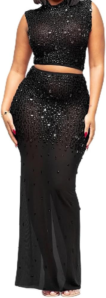 Yuopeid Womens Sexy Party Maxi Skirt Sets Rhinestone See Through Sleeveless Mock Neck Crop Top an... | Amazon (US)