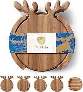 Dofira Antler Acacia Wood Coaster Set of 4 with Holder, Round Wooden Coasters for Drinks, Funny C... | Amazon (US)