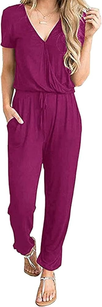 PRETTYGARDEN Women's Summer Casual Deep V Neck Short Sleeve Wrap Drawstring Waist Jumpsuit Romper | Amazon (US)