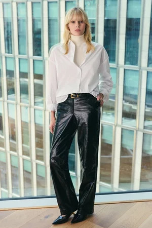 High Shine Croc Embossed Leather Straight Trouser | Karen Millen UK + IE + DE + NL