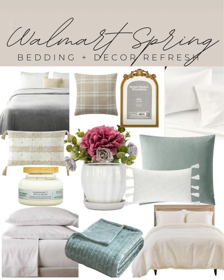 SPRING BEDDING AND DECOR REFRESH with #walmart @walmart #ad #walmartpartner.  They just launched their new Better Homes and Gardens line hotel quality sheets!  We paired them with  the velvet blanket, duvet and shams set, velvet $16 pillows (amazing look for less find), and some gorgeous tabletop styling  .  You guys - the hydrangea flowers fit perfectly in the little planter and make the CUTEST $25 tabletop set and would make the perfect Mother’s Day gift too. Happy shopping!  You can shop everything in my LTK SHOP! 

#LTKSeasonal #LTKfindsunder50 #LTKhome