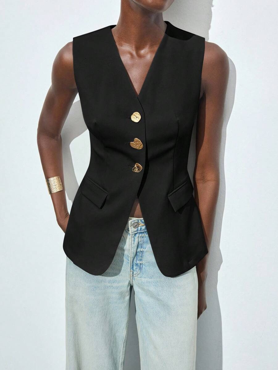MAIJA Casual Double Breasted Solid Colour Long Sleeve Blazer | SHEIN