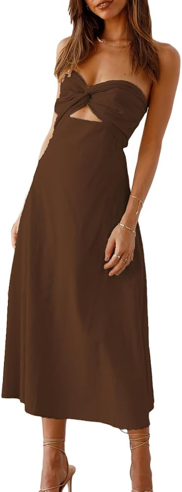 Sexy Twist Front Strapless Sweetheart Neckline Midi Dresses for Women Smocked Cutout Tube Linen D... | Amazon (US)