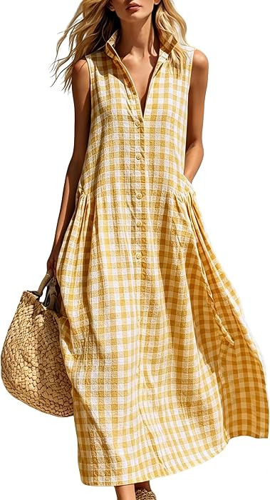 chouyatou Women's Sleeveless Plaid Cotton Dress Lapel Button Front Gingham Long Shirt Dress with ... | Amazon (US)
