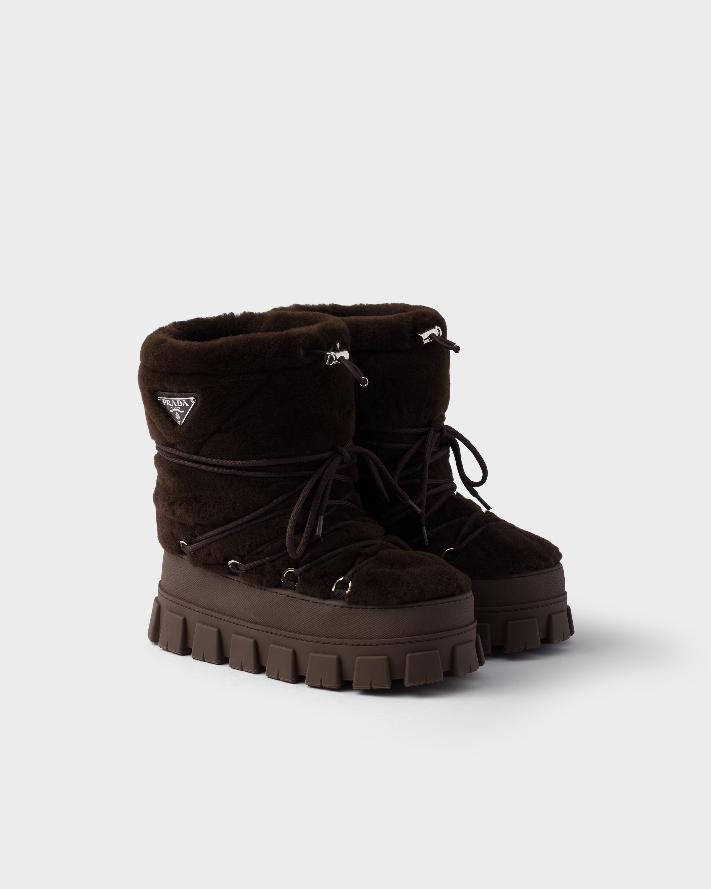 Dark Brown Shearling Après Ski Booties | PRADA | Prada INT