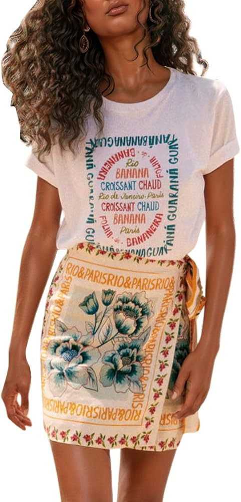 CHARTOU Women's Summer Floral Print Wrap Short Skirt Knot Side High Waist A Line Beach Mini Skirt | Amazon (US)