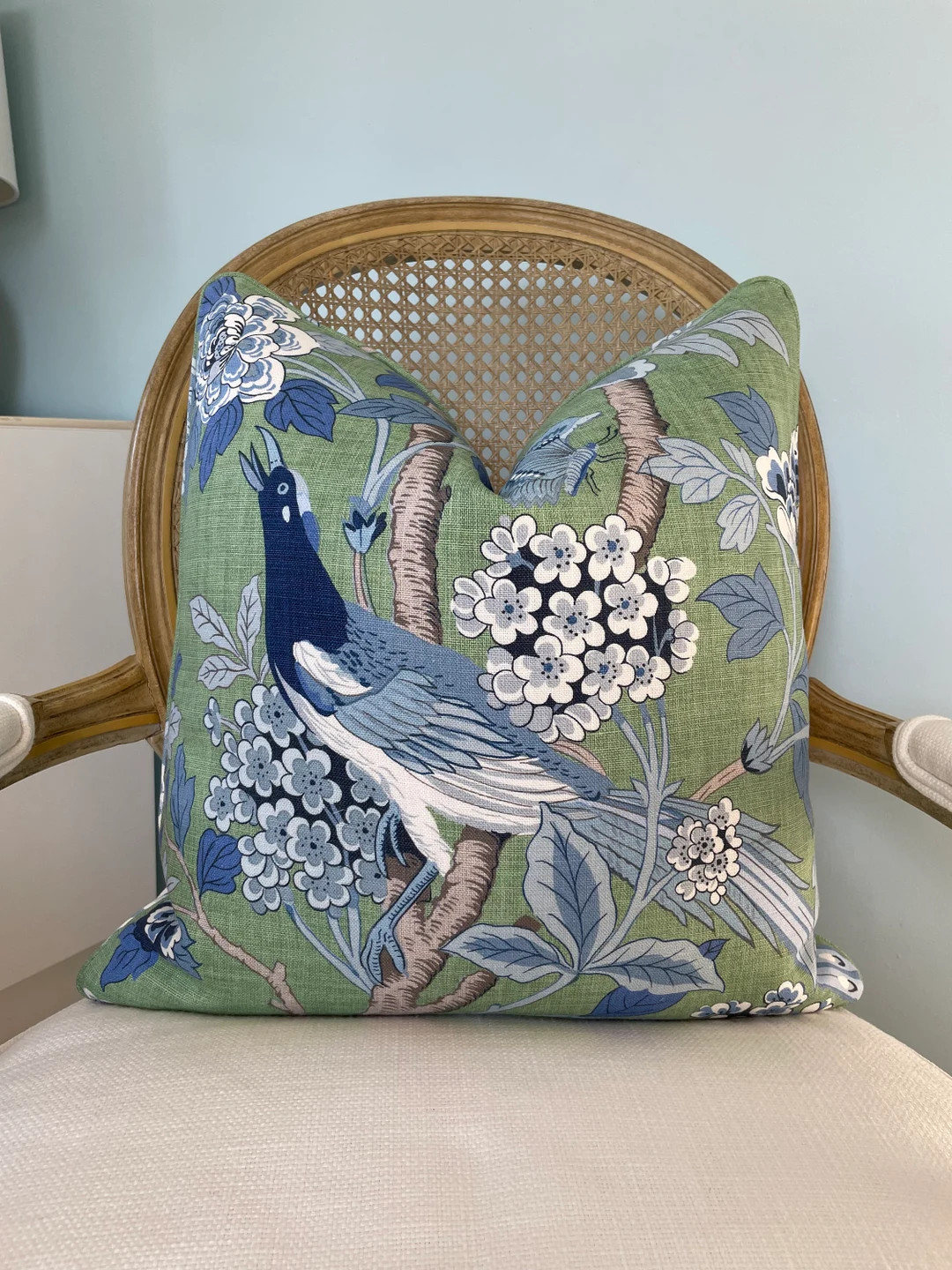 GP & J Baker "Hydrangea Bird" in emerald and blue colorway linen pillow cover. | Etsy (Global)