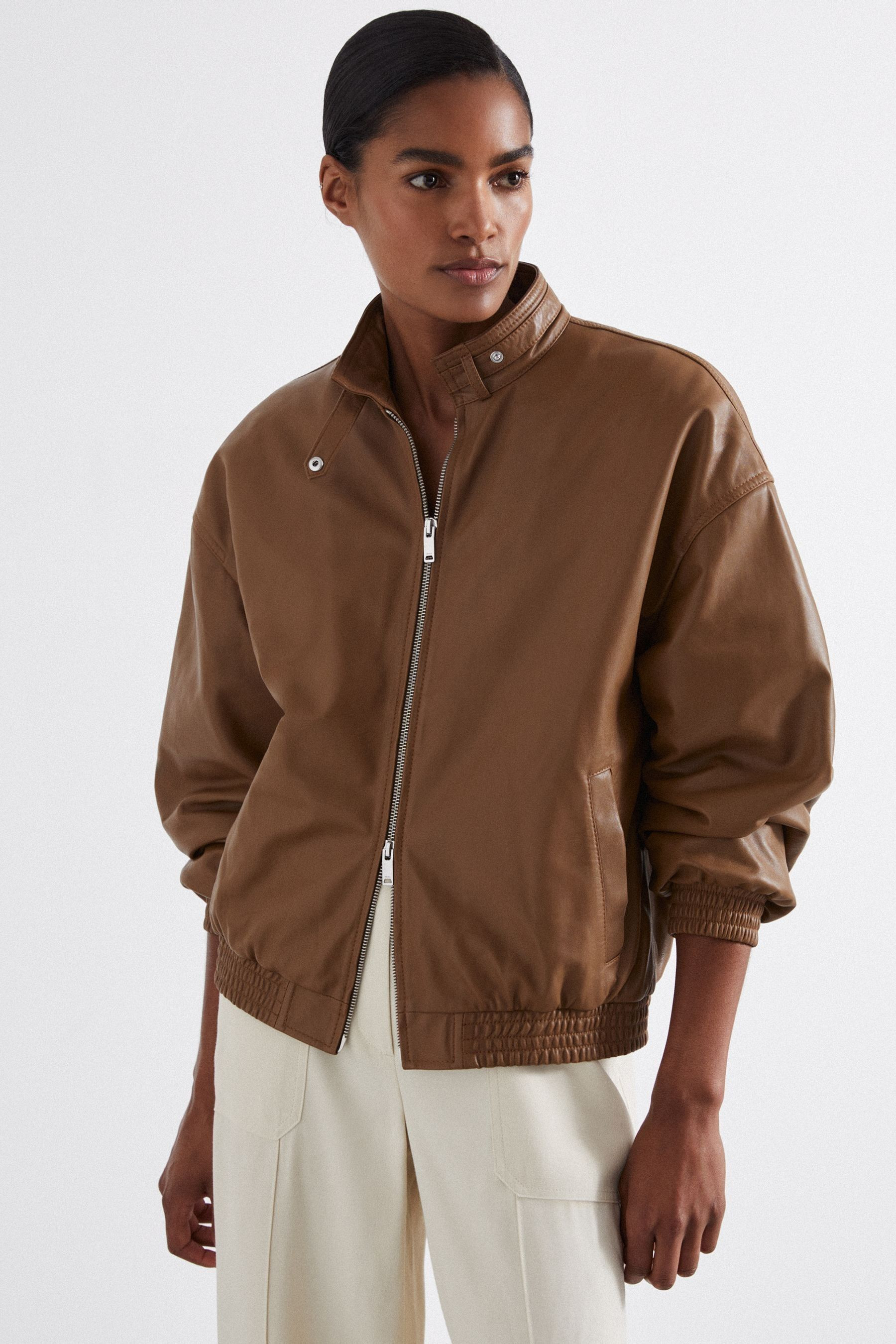 Womens Reiss Tan Dru Atelier Leather Latched-Collar Bomber Jacket - Brown | Next AU