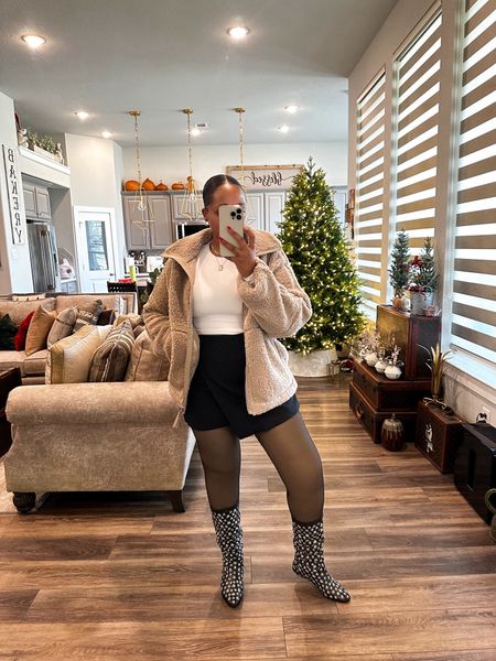 Top-  medium 
Skort-  medium 
Tights -  medium/large 
Jacket-  small 
Boots-  rare find from Jimmy Choo  

Fall outfit - fall fashion - winter style - winter fashion - tights - tights outfit - mini skirt - mini skort - affordable outfit - fleece jacket - teddy jacket - Christmas outfit - Christmas - 

#LTKHoliday #LTKstyletip #LTKfindsunder100