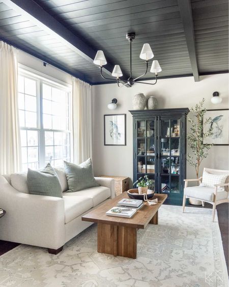 The Tricorn Black shiplap ceiling in our conversation room never gets old and is the perfect complement to the Edgecomb Gray walls. home decor living room decor pottery barn sofa glass front curio cabinet iron chandelier accent chair coffee table styling green linen pillows bird print

#LTKhome #LTKstyletip