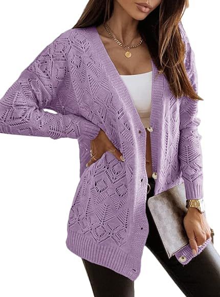 MACNOORA Women's Long Sleeve Crochet Cardigan Boho Knit Lightweight Open Casual Button Down Sweaters | Amazon (US)