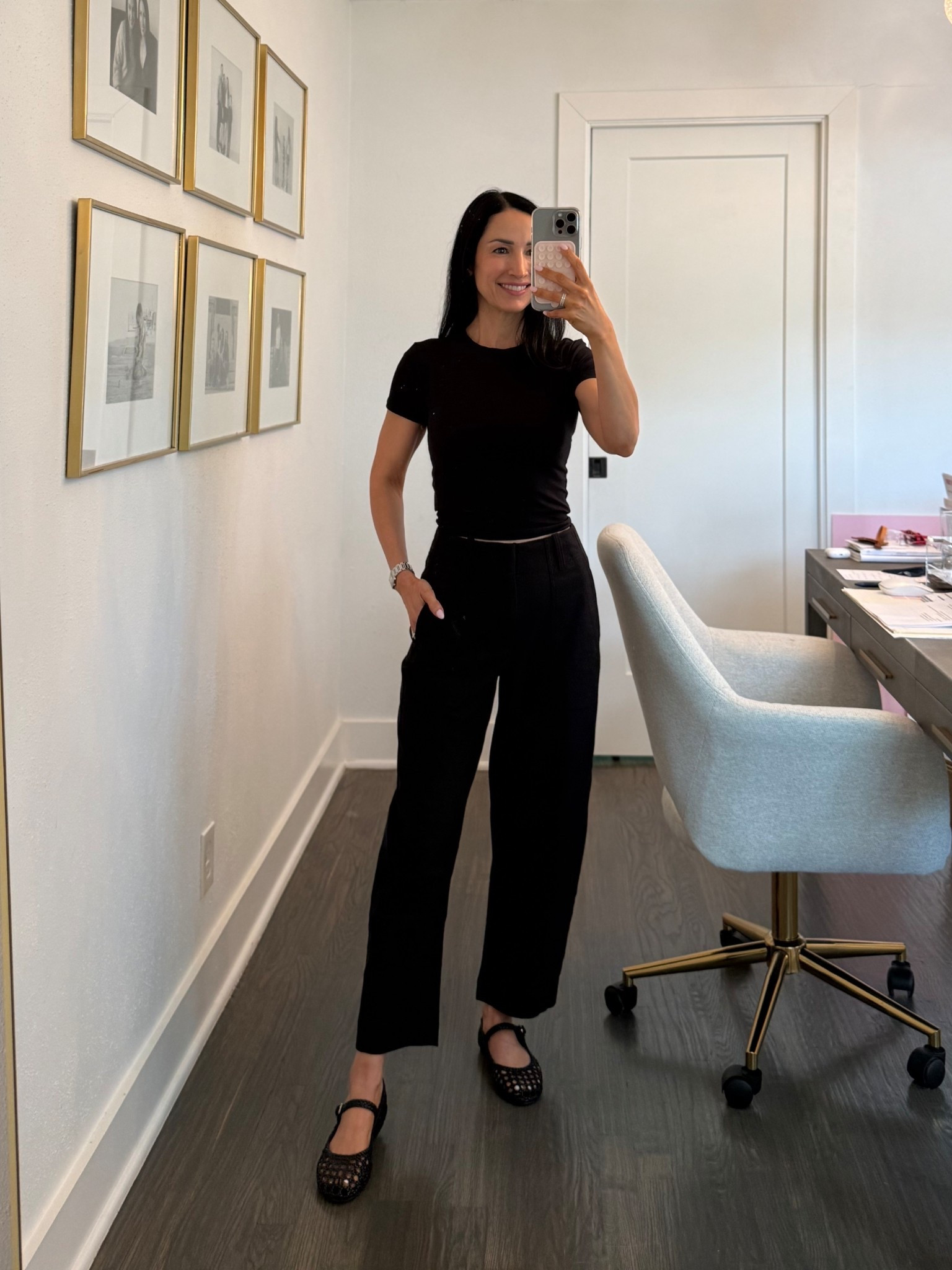 Podcast recording day ootd🖤Favorite athleta baby barrel pants (on sale) and ribbed tee! Wearing 0petite in pants, xxs in tee. Amazon mesh flats under $40

#LTKootd #LTKOver40 #LTKPetite