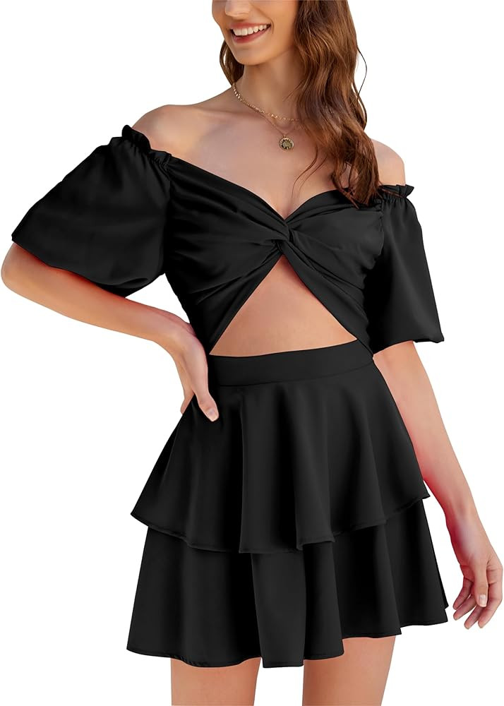 SICTASD Mini Romper Women Off Shoulder Puff Short Sleeves Ruffle Twist Jumpsuit 2024 Summer Cut O... | Amazon (US)