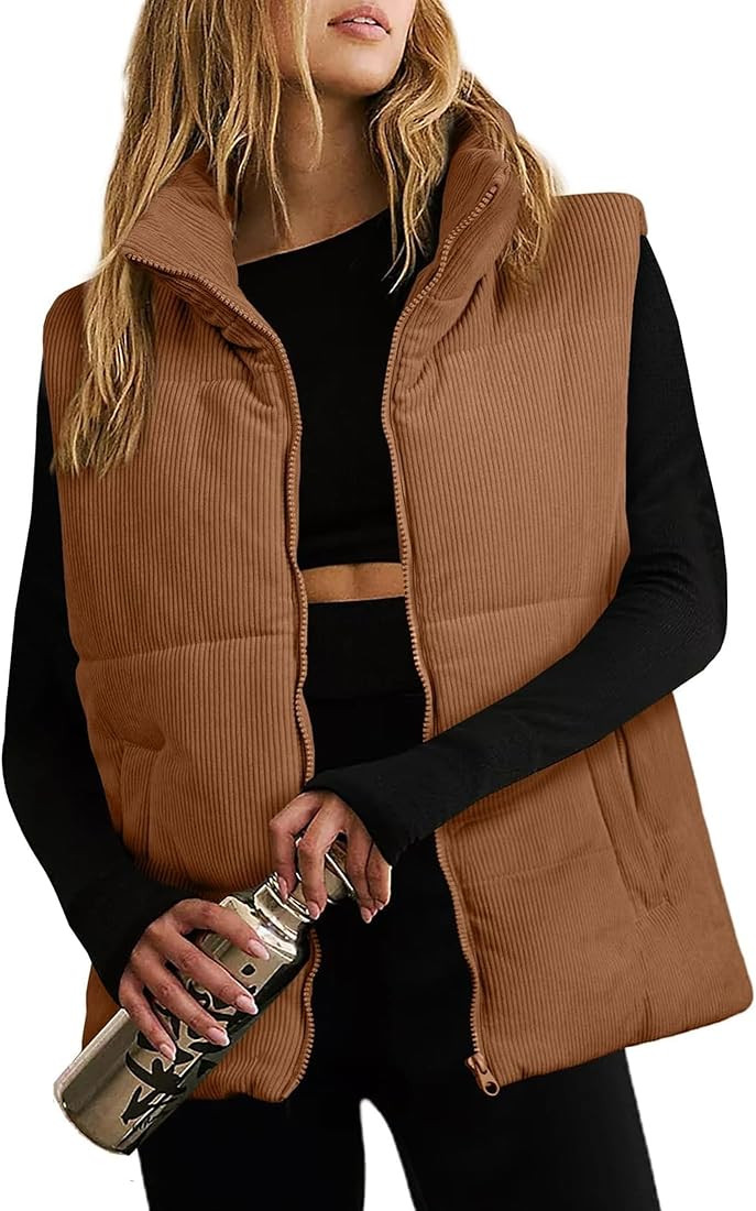 Women Corduroy Puffer Vest Quilted Stand collar Zip Up Vest with Pockets Fall Winter Vests for Wo... | Amazon (US)