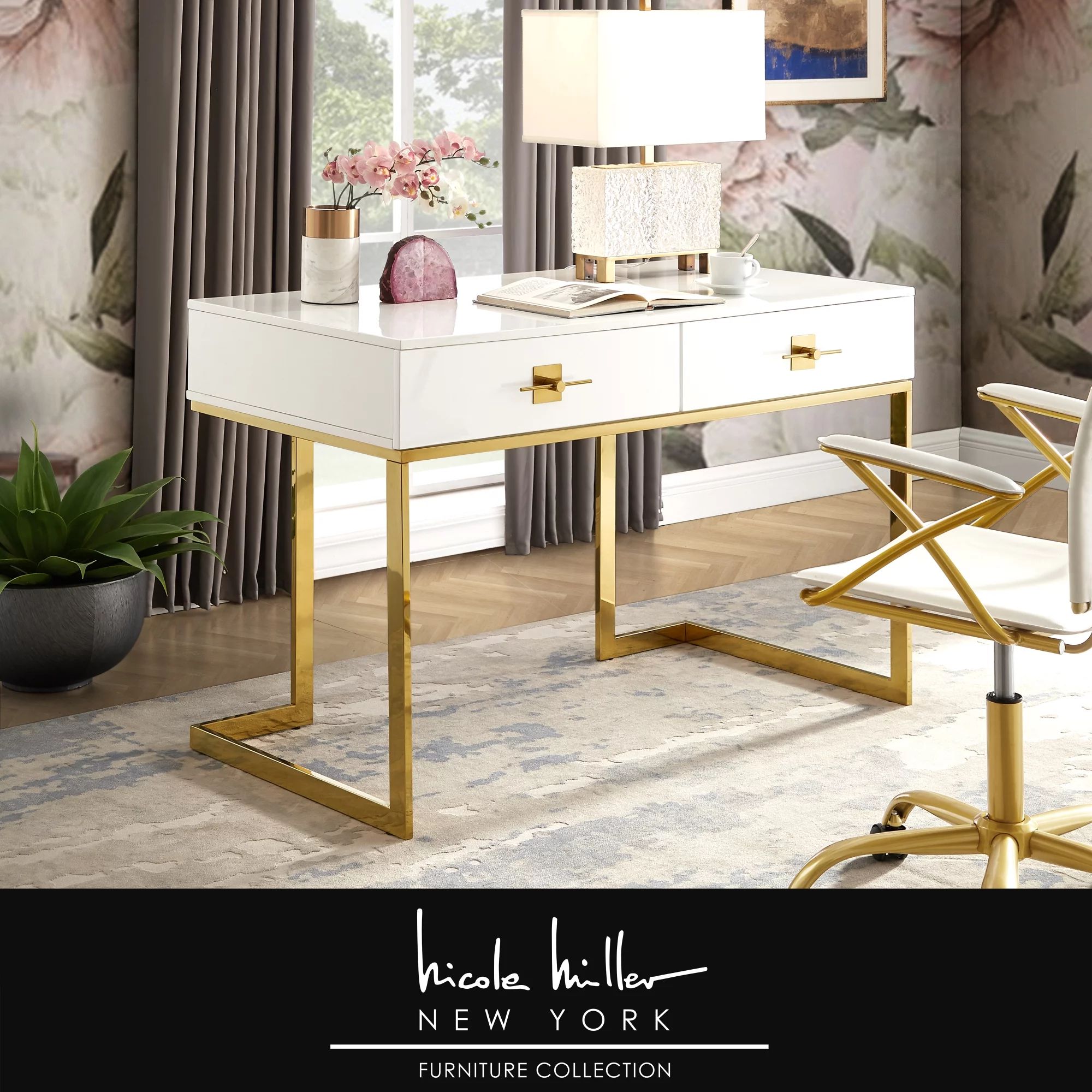 Hilo Writing Desk - 2 Drawers, Hight Gloss Lacquer Finish, Polished Stainless Steel Base, White/G... | Walmart (US)