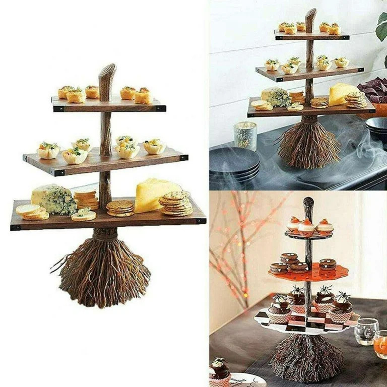 Halloween Creative Broom 3-Tier Tray Decor Cupcake Stand Wood Serving Tray Display Holders for Cu... | Walmart (US)