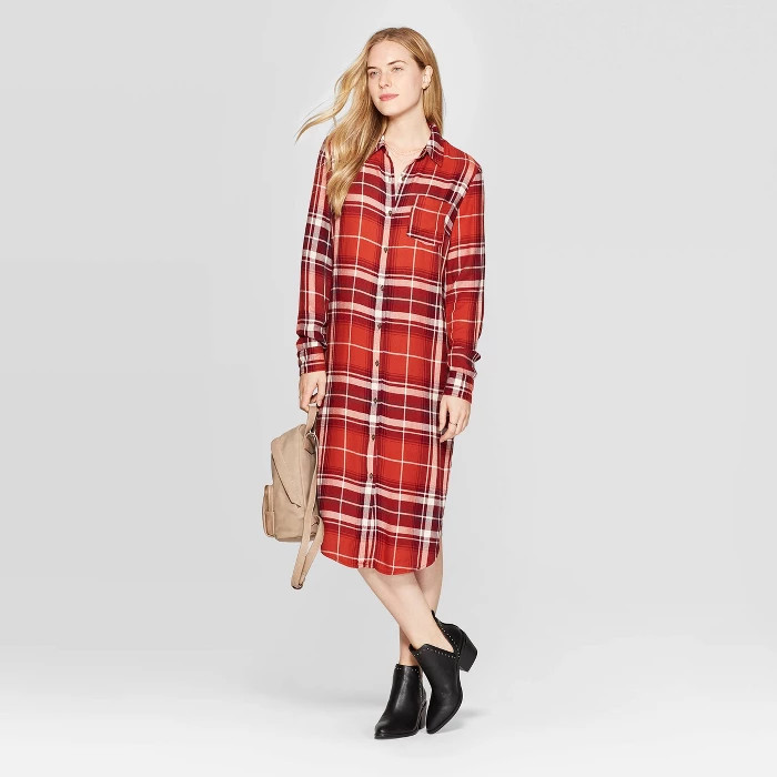 Women's Plaid Long Sleeve Midi Button Front Shirtdress - Universal Thread™ | Target
