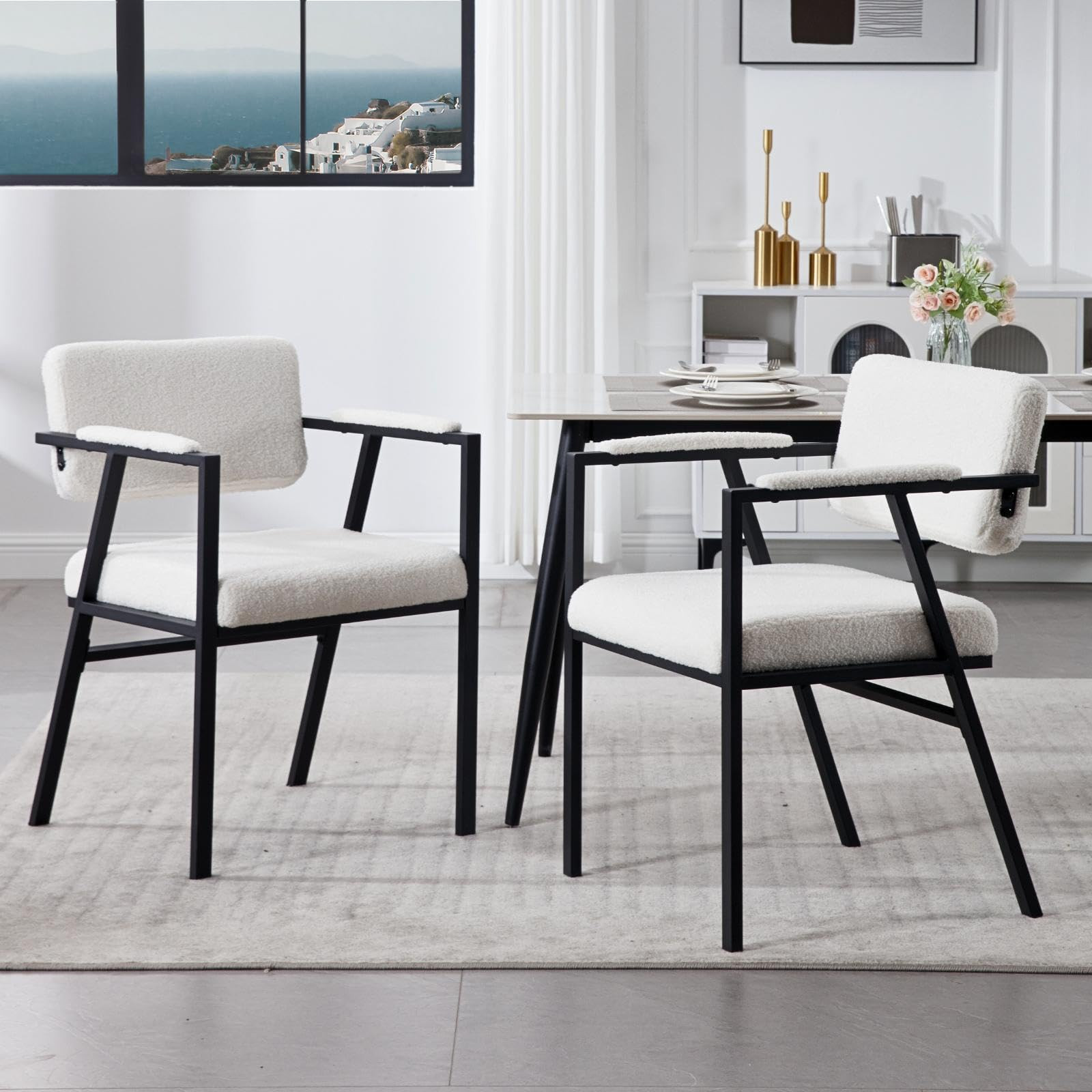 HEAH-YO Modern Sherpa Dining Chairs Set of 2, Boucle Upholstered Kitchen Chairs with Open Backres... | Amazon (US)